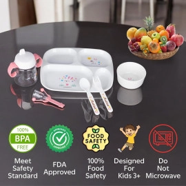 Baby Feeding Tableware Series BPA Free Baby Food 6in1 Lunch Serving Plates Set with Milk Water Bottle Feeding Kit Food Grade, Reusable, Full Meals Dish (Multi, 1-Pcs)