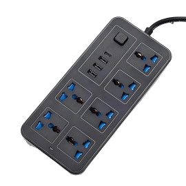 High Power Strip with 6 AC Sockets | 3 USB, 1 Type-C Port 6FT Extension Sockets Cord Protector Charging Electrical Power Button Heavy Duty Support for Home/Office/Kitchen/PC (Black, Pack of 1)