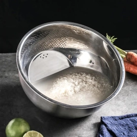 Stainless Steel 304 Food Grade 3-in-1 Bowls Vegetables Rice Washer with Side Drain Bowls Colander Strainer Basket Ideal for Kitchen Tools Vegetables, Rice, Fruits (26cm, Silver)