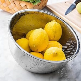 Stainless Steel 304 Food Grade 3-in-1 Bowls Vegetables Rice Washer with Side Drain Bowls Colander Strainer Basket Ideal for Kitchen Tools Vegetables, Rice, Fruits (26cm, Silver)