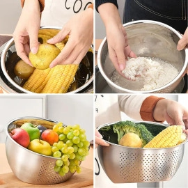 Stainless Steel 304 Food Grade 3-in-1 Bowls Vegetables Rice Washer with Side Drain Bowls Colander Strainer Basket Ideal for Kitchen Tools Vegetables, Rice, Fruits (26cm, Silver)