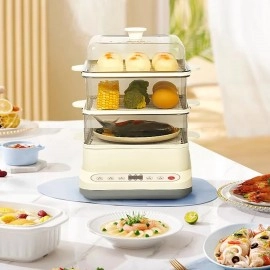 KRESHU 24L Electric Multifunctional Steamer Three Layer High Capcity with Appointment & Timer, Digital Steamer for Fast Simultaneous Cooking, 800W Heating, Auto Shutoff & Boil Dry Protection (1-Pcs)