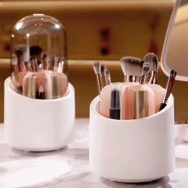 KRESHU 360° Rotating Makeup Brush Holders Organizer Transparent Makeup Brush Box With Lid Dust Proof Vanity Desktop Bathroom Counter Top Acrylic Cover Cosmetic Accessories(Transparent White)Cosmetics