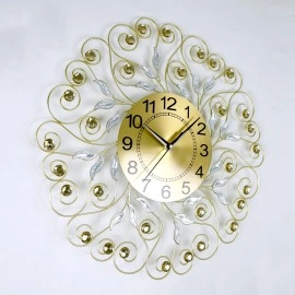 3D Metal Crystal Diamond Small Leaf Wall Hanging Clocks Retro Design Non Ticking Silent Quartz Decoration Clocks for Living Room, Hall, Hotel, Office, Home Analog Display (Round, 1-Pcs)