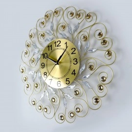 3D Metal Crystal Diamond Small Leaf Wall Hanging Clocks Retro Design Non Ticking Silent Quartz Decoration Clocks for Living Room, Hall, Hotel, Office, Home Analog Display (Round, 1-Pcs)