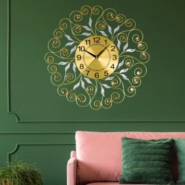 3D Metal Crystal Diamond Small Leaf Wall Hanging Clocks Retro Design Non Ticking Silent Quartz Decoration Clocks for Living Room, Hall, Hotel, Office, Home Analog Display (Round, 1-Pcs)