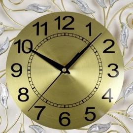 3D Metal Crystal Diamond Small Leaf Wall Hanging Clocks Retro Design Non Ticking Silent Quartz Decoration Clocks for Living Room, Hall, Hotel, Office, Home Analog Display (Round, 1-Pcs)