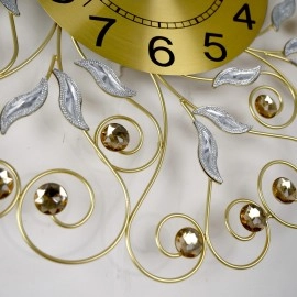 3D Metal Crystal Diamond Small Leaf Wall Hanging Clocks Retro Design Non Ticking Silent Quartz Decoration Clocks for Living Room, Hall, Hotel, Office, Home Analog Display (Round, 1-Pcs)