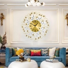 3D Metal Crystal Diamond Small Leaf Wall Hanging Clocks Retro Design Non Ticking Silent Quartz Decoration Clocks for Living Room, Hall, Hotel, Office, Home Analog Display (Round, 1-Pcs)