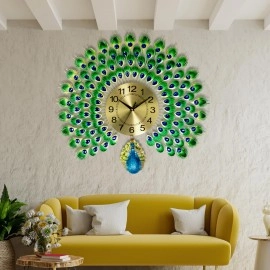 3D Metal Peacock Wall Hanging Clock Home Bedroom Decoration Silent Quartz Creative Elegant Luxurious Non Ticking Wall Clock Analog Dial Pad for Living Room, Office, Home (1-Pcs)