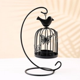 KRESHU Bird Cage Metal Lanterns Black Hanging Hollow Candle Stick Collection Retro Butterfly Candle Holder Antique Moroccan Black Ornate Lanterns for Decorative Living Room, Home Bedroom (Black, 1pcs)