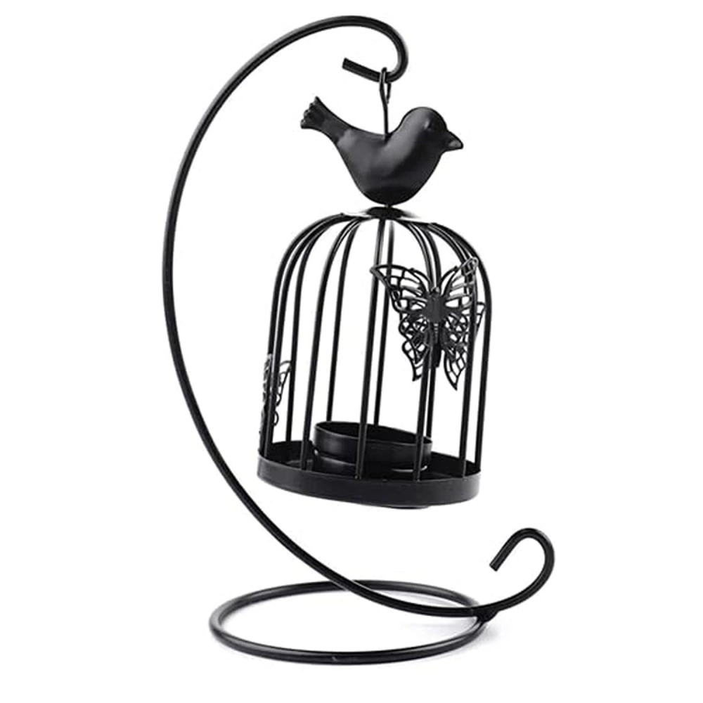 KRESHU Bird Cage Metal Lanterns Black Hanging Hollow Candle Stick Collection Retro Butterfly Candle Holder Antique Moroccan Black Ornate Lanterns for Decorative Living Room, Home Bedroom (Black, 1pcs)