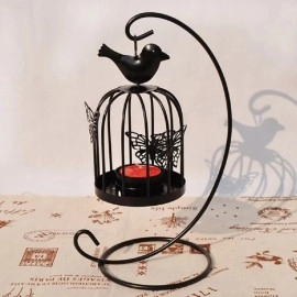 KRESHU Bird Cage Metal Lanterns Black Hanging Hollow Candle Stick Collection Retro Butterfly Candle Holder Antique Moroccan Black Ornate Lanterns for Decorative Living Room, Home Bedroom (Black, 1pcs)
