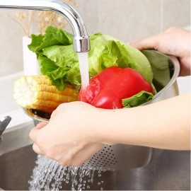 KRESHU Heavy Quality Stainless Steel 304 Food Grade 3-in-1 Bowls Vegetables Rice Washer with Side Drain Bowls Colander Strainer Basket Ideal for Kitchen Tools Vegetables, Rice, Fruits (23cm, Silver)
