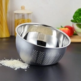 KRESHU Heavy Quality Stainless Steel 304 Food Grade 3-in-1 Bowls Vegetables Rice Washer with Side Drain Bowls Colander Strainer Basket Ideal for Kitchen Tools Vegetables, Rice, Fruits (23cm, Silver)