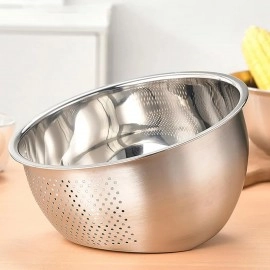 KRESHU Heavy Quality Stainless Steel 304 Food Grade 3-in-1 Bowls Vegetables Rice Washer with Side Drain Bowls Colander Strainer Basket Ideal for Kitchen Tools Vegetables, Rice, Fruits (23cm, Silver)