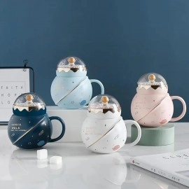 KRESHU Space Walk Cute Astronaut Ceramic Coffee Mug Galaxy Planet Theme Tea Cup with Small Bubbles Airtight Pearl Display Lid Milk Coffee Mug for Children Heavy Quality Mug (Multi, 1-pcs)
