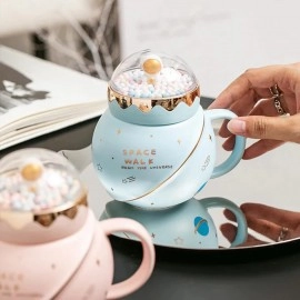 KRESHU Space Walk Cute Astronaut Ceramic Coffee Mug Galaxy Planet Theme Tea Cup with Small Bubbles Airtight Pearl Display Lid Milk Coffee Mug for Children Heavy Quality Mug (Multi, 1-pcs)