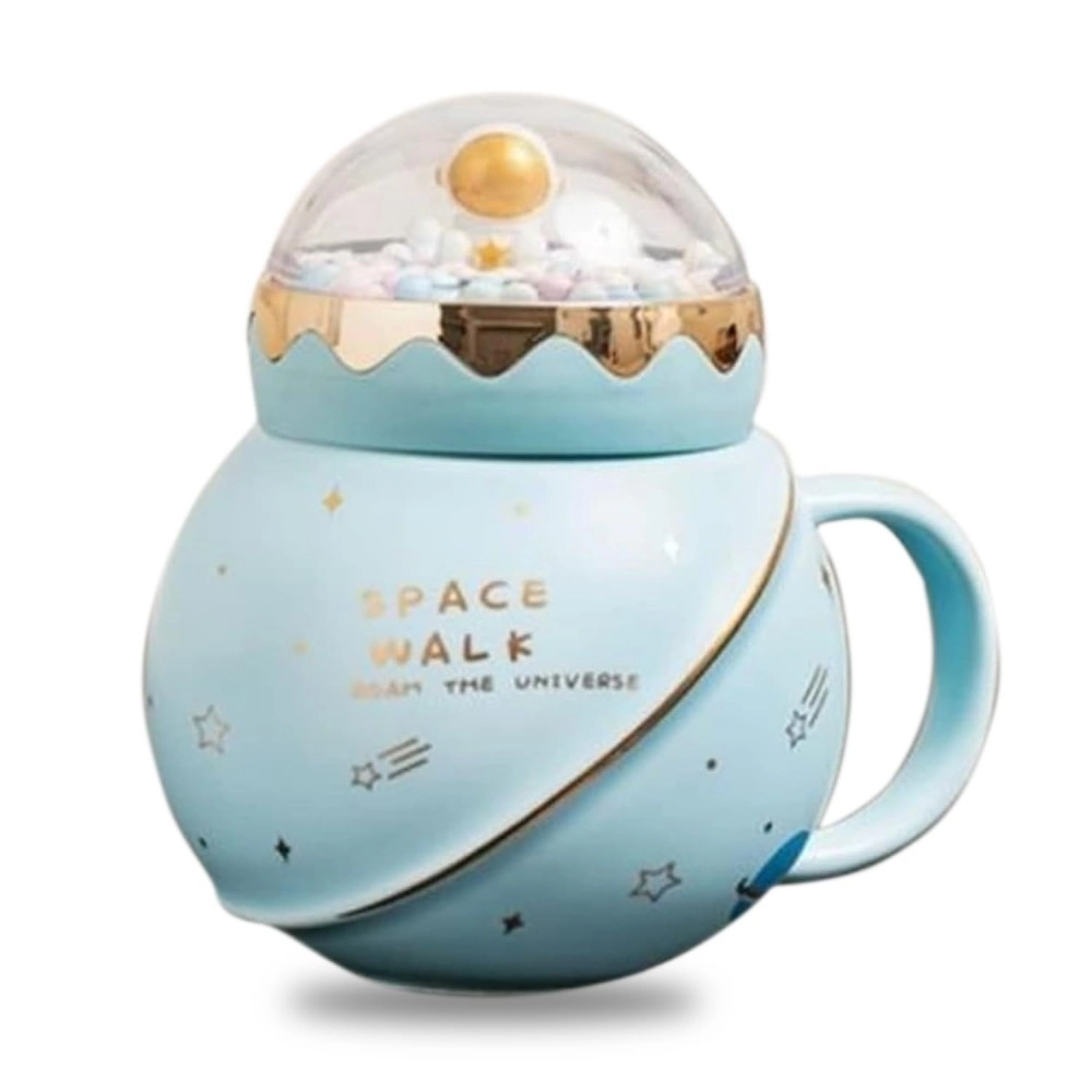KRESHU Space Walk Cute Astronaut Ceramic Coffee Mug Galaxy Planet Theme Tea Cup with Small Bubbles Airtight Pearl Display Lid Milk Coffee Mug for Children Heavy Quality Mug (Multi, 1-pcs)