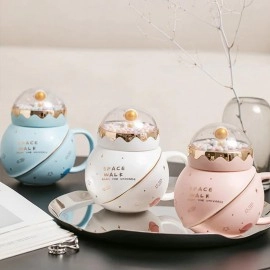 KRESHU Space Walk Cute Astronaut Ceramic Coffee Mug Galaxy Planet Theme Tea Cup with Small Bubbles Airtight Pearl Display Lid Milk Coffee Mug for Children Heavy Quality Mug (Multi, 1-pcs)