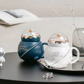 KRESHU Space Walk Cute Astronaut Ceramic Coffee Mug Galaxy Planet Theme Tea Cup with Small Bubbles Airtight Pearl Display Lid Milk Coffee Mug for Children Heavy Quality Mug (Multi, 1-pcs)