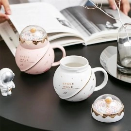 KRESHU Space Walk Cute Astronaut Ceramic Coffee Mug Galaxy Planet Theme Tea Cup with Small Bubbles Airtight Pearl Display Lid Milk Coffee Mug for Children Heavy Quality Mug (Multi, 1-pcs)