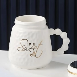 Sweet Life Printed Exclusive Ceramic Design Milk Coffee Mugs with Bubble Crafted Pattern Handle & Lid Cups Gift for Valentine, Wedding, Christmas & Office Home 500ML (White, 1-Pcs)