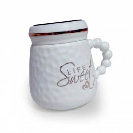 Sweet Life Printed Exclusive Ceramic Design Milk Coffee Mugs with Bubble Crafted Pattern Handle & Lid Cups Gift for Valentine, Wedding, Christmas & Office Home 500ML (White, 1-Pcs)