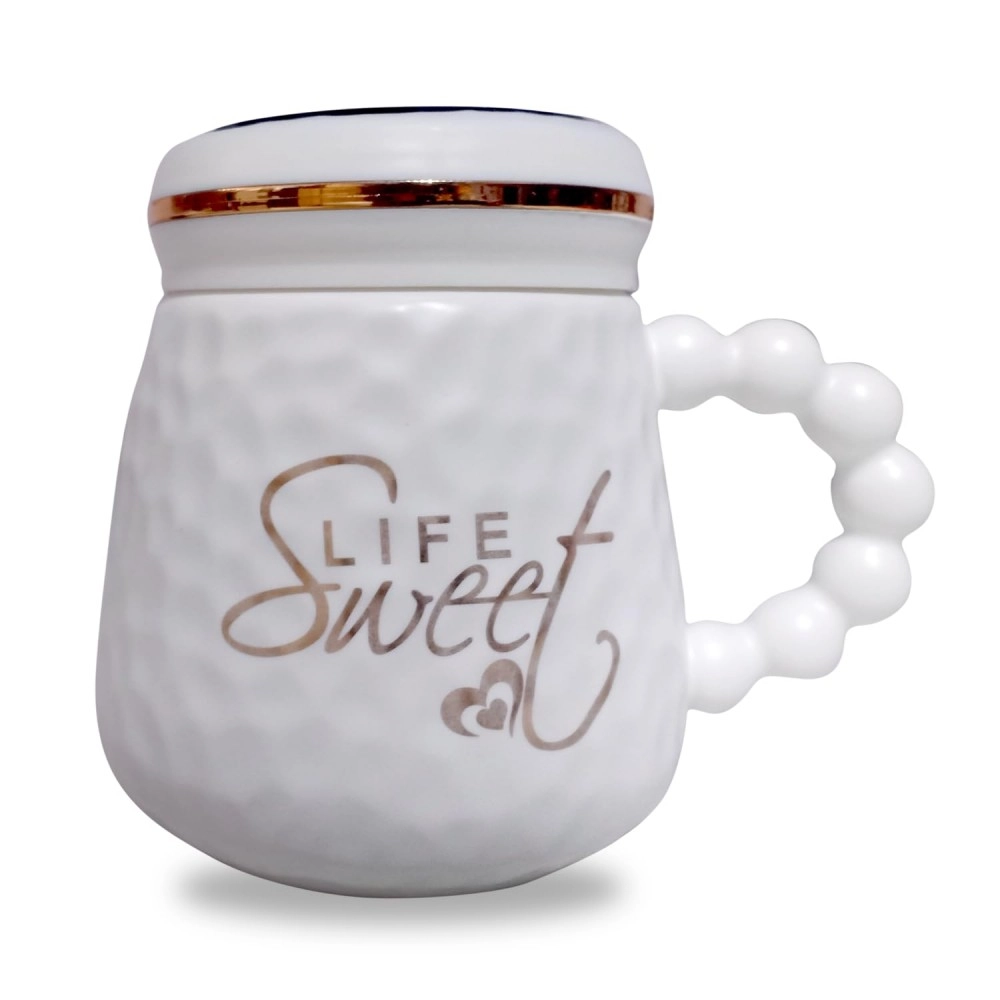 Sweet Life Printed Exclusive Ceramic Design Milk Coffee Mugs with Bubble Crafted Pattern Handle & Lid Cups Gift for Valentine, Wedding, Christmas & Office Home 500ML (White, 1-Pcs)