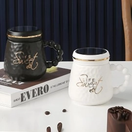 Sweet Life Printed Exclusive Ceramic Design Milk Coffee Mugs with Bubble Crafted Pattern Handle & Lid Cups Gift for Valentine, Wedding, Christmas & Office Home 500ML (White, 1-Pcs)