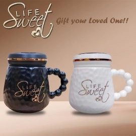 Sweet Life Printed Exclusive Ceramic Design Milk Coffee Mugs with Bubble Crafted Pattern Handle & Lid Cups Gift for Valentine, Wedding, Christmas & Office Home 500ML (White, 1-Pcs)