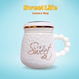 Sweet Life Printed Exclusive Ceramic Design Milk Coffee Mugs with Bubble Crafted Pattern Handle & Lid Cups Gift for Valentine, Wedding, Christmas & Office Home 500ML (White, 1-Pcs)