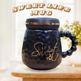 Sweet Life Printed Exclusive Ceramic Design Milk Coffee Mugs with Bubble Crafted Pattern Handle & Lid Cups Gift for Valentine, Wedding, Christmas & Office Home 500ML (White, 1-Pcs)