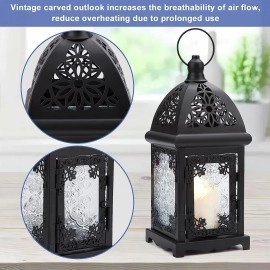 Vintage Temple Candle Metal Holder Gorgeous Lanterns Hanging Collection Decorative Candle Lanterns Table Top Lamp Antique Black Ornament Lanterns Simple Elegant (Black, 1pcs)