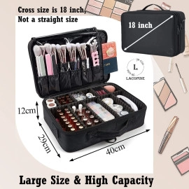 Travel Professional Makeup Cosmetic Bag For Women | Portable Artist Storage Makeup Brush Bag With Adjustable Dividers (Black, 18 Inch (2 Layer))