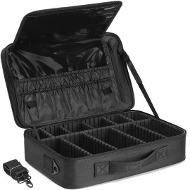Travel Professional Makeup Cosmetic Bag For Women | Portable Artist Storage Makeup Brush Bag With Adjustable Dividers (Black, 18 Inch (2 Layer))