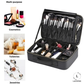 Travel Professional Makeup Cosmetic Bag For Women | Portable Artist Storage Makeup Brush Bag With Adjustable Dividers (Black, 18 Inch (2 Layer))