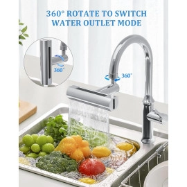 4 In 1 Waterfall Kitchen Faucet,360°Swivel Faucet Extender For Kitchen Sink,Splash-Proof Kitchen Faucet Head Replacement,High Arc Sink Faucet Suitable For Washing Fruit Vegetable - Brass, Polished