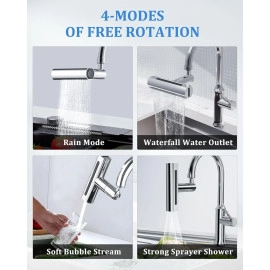 4 In 1 Waterfall Kitchen Faucet,360°Swivel Faucet Extender For Kitchen Sink,Splash-Proof Kitchen Faucet Head Replacement,High Arc Sink Faucet Suitable For Washing Fruit Vegetable - Brass, Polished