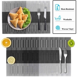 Placemats for Dining Table Heat Resistant Kitchen Table Mats Washable PVC Place Mats Stain Resistant Non-Slip Placemat (Black & Silver, 6)
