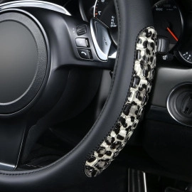 Leather Steering Wheel Cover for Women with Bling Bling Diamond Rhinestone Universal Fit 15 Inch Cute cow print Steering Wheel Cover (black-white) (37-38cm)