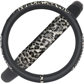 Leather Steering Wheel Cover for Women with Bling Bling Diamond Rhinestone Universal Fit 15 Inch Cute cow print Steering Wheel Cover (black-white) (37-38cm)