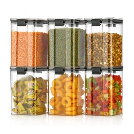 Lock & Lock Square Plastic Airtight Grocery Storage, Cereal Dispenser Storage Container 1100 ml Black (Pack Of 4)