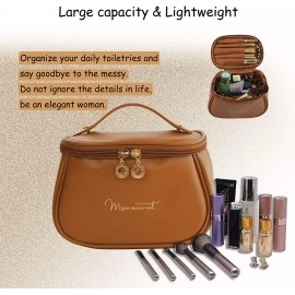 Makeup Bag, Portable Cosmetic Bag, Large Capacity Travel Makeup Organizer, Leather Cosmetic Brush Case for Women Toiletry Bag for Girls with Handle and Divider (Brown)