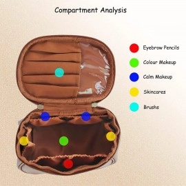 Makeup Bag, Portable Cosmetic Bag, Large Capacity Travel Makeup Organizer, Leather Cosmetic Brush Case for Women Toiletry Bag for Girls with Handle and Divider (Brown)