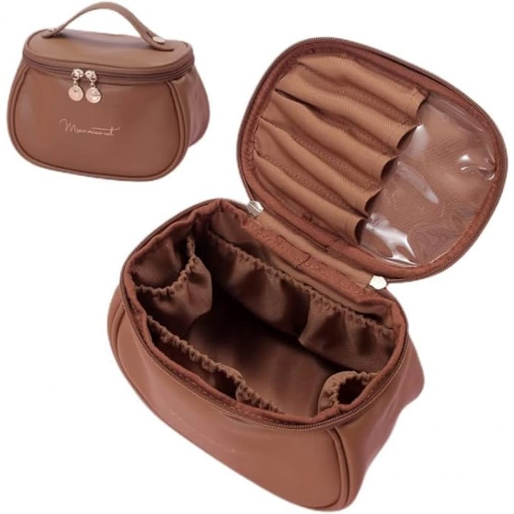 Makeup Bag, Portable Cosmetic Bag, Large Capacity Travel Makeup Organizer, Leather Cosmetic Brush Case for Women Toiletry Bag for Girls with Handle and Divider (Brown)