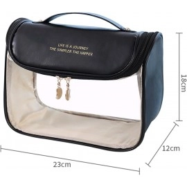 Makeup Bag, Portable Cosmetic Bag, Large Capacity Travel Makeup Organizer, Leather Cosmetic Brush Case for Women Toiletry Bag for Girls with Handle and Divider (Brown)