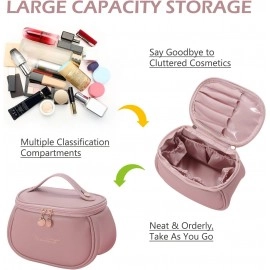 Makeup Bag, Portable Cosmetic Bag, Large Capacity Travel Makeup Organizer, Leather Cosmetic Brush Case for Women Toiletry Bag for Girls with Handle and Divider (Brown)