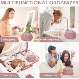 Makeup Bag, Portable Cosmetic Bag, Large Capacity Travel Makeup Organizer, Leather Cosmetic Brush Case for Women Toiletry Bag for Girls with Handle and Divider (Brown)