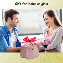 Makeup Bag, Portable Cosmetic Bag, Large Capacity Travel Makeup Organizer, Leather Cosmetic Brush Case for Women Toiletry Bag for Girls with Handle and Divider (Brown)